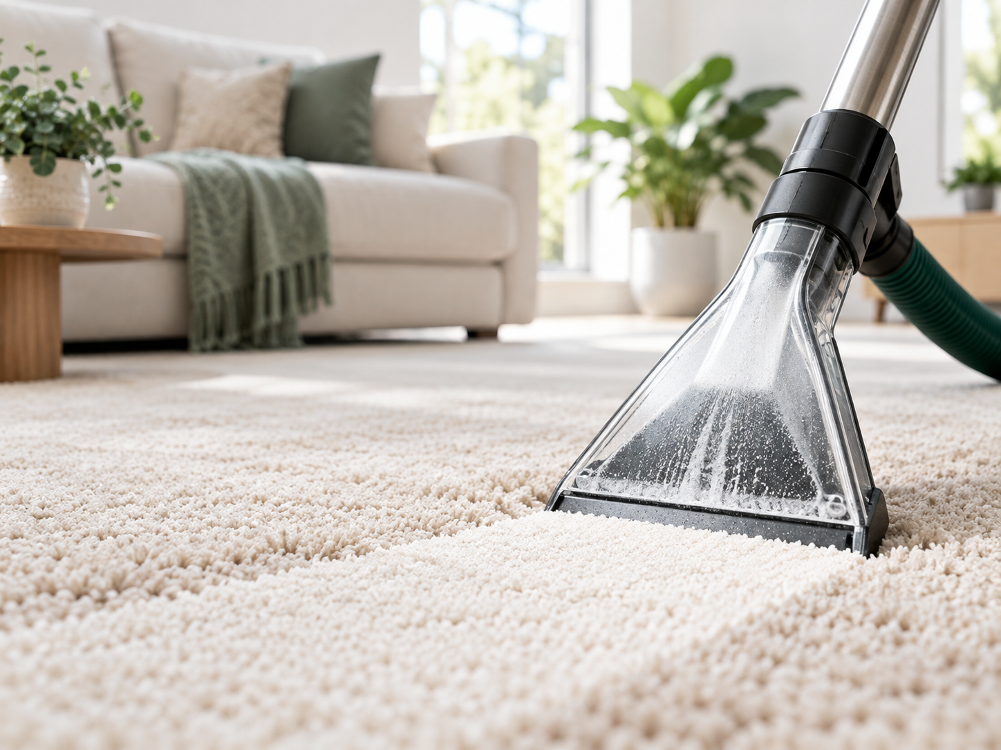 Carpet being professionally steam cleaned in a living room
