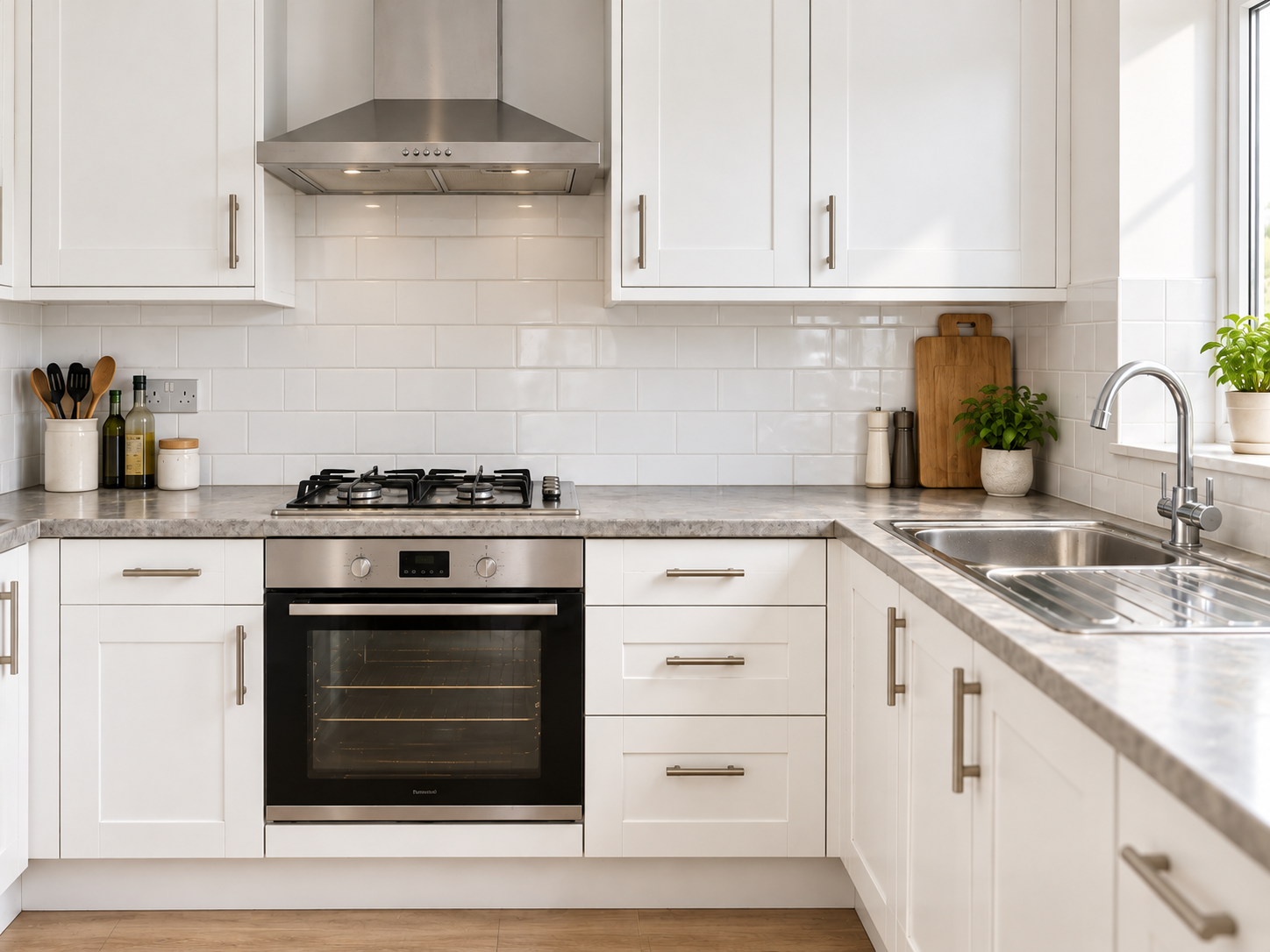 Bright white kitchen after a professional clean